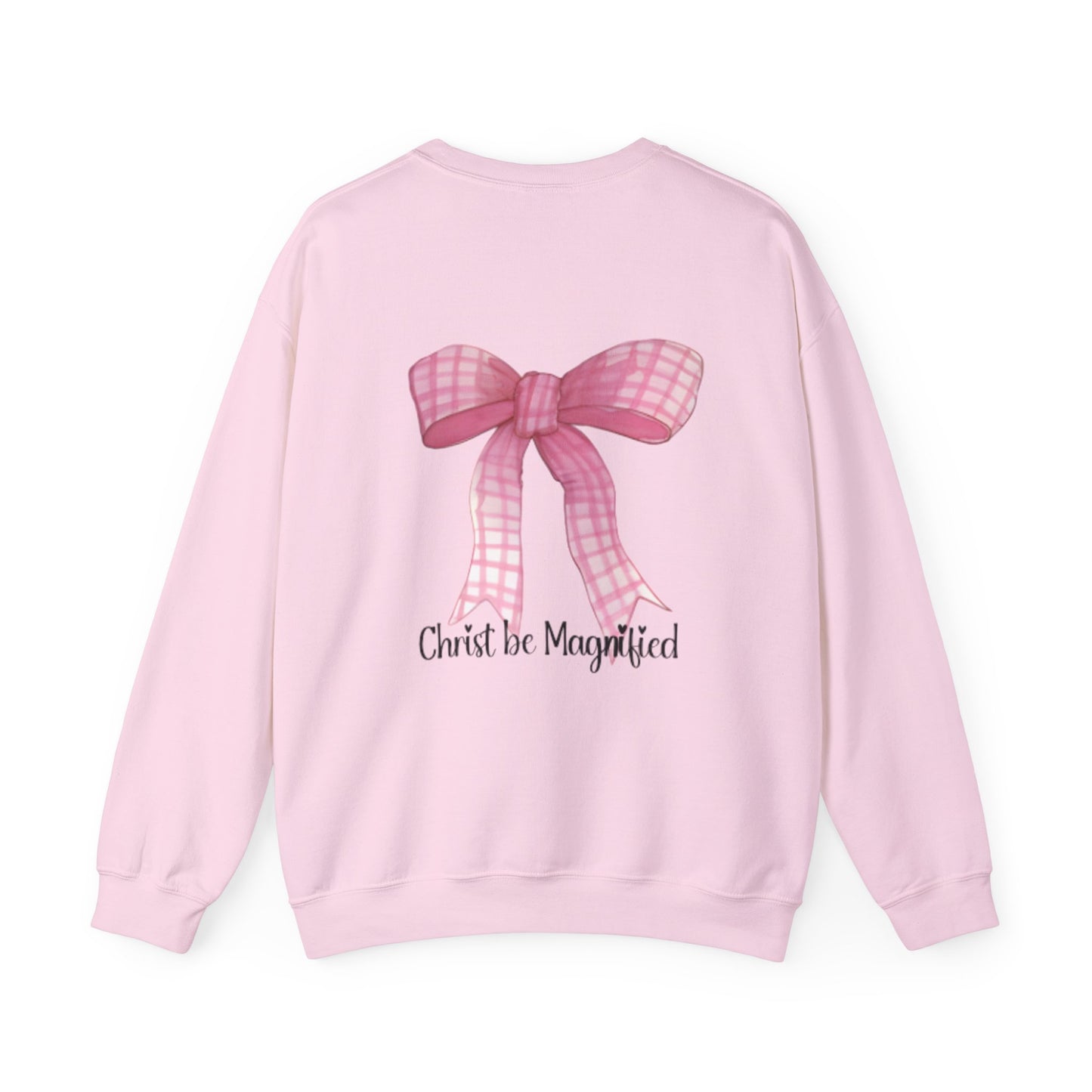 Inspirational Crewneck Sweatshirt - "Christ be Magnified" with Pink Bow Design