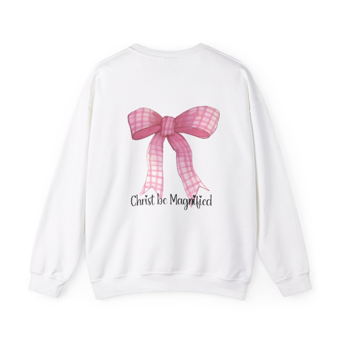 Inspirational Crewneck Sweatshirt - "Christ be Magnified" with Pink Bow Design